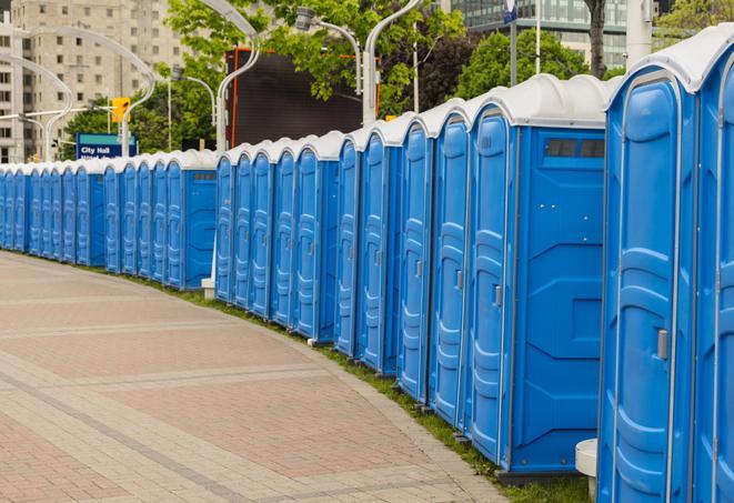 Seasonal porta potty units set up at a Garden Grove, California venue